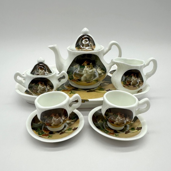 Vintage Crownford Made In England Fine Bone China Miniature Tea Set Cats - Picture 1 of 16